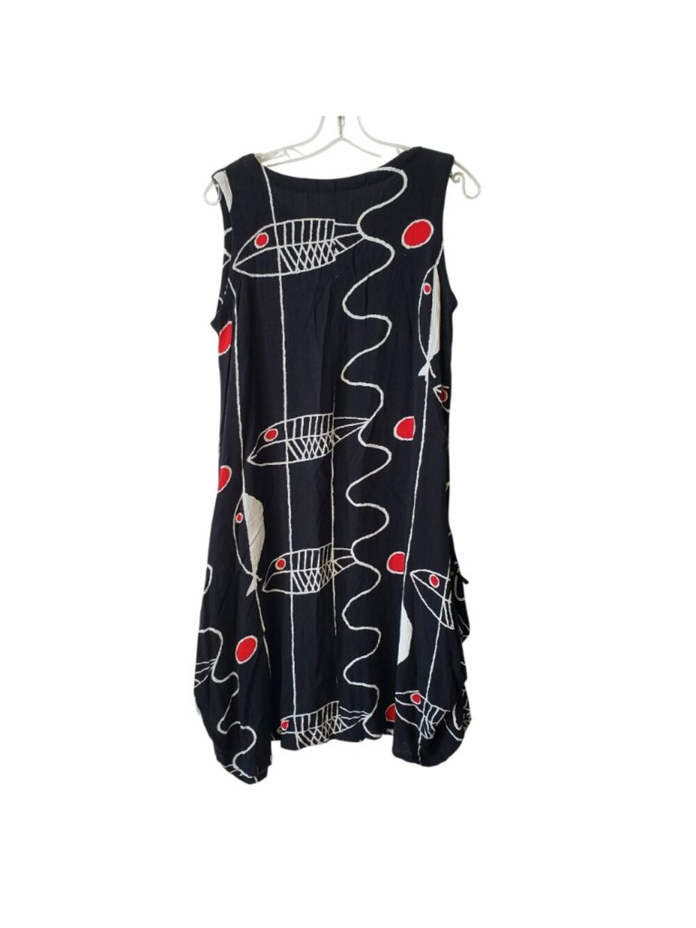 Kaktus Black White Red Fish Print Lagenlook Midi Dress S Boho Art to Wear - Picture 9 of 9